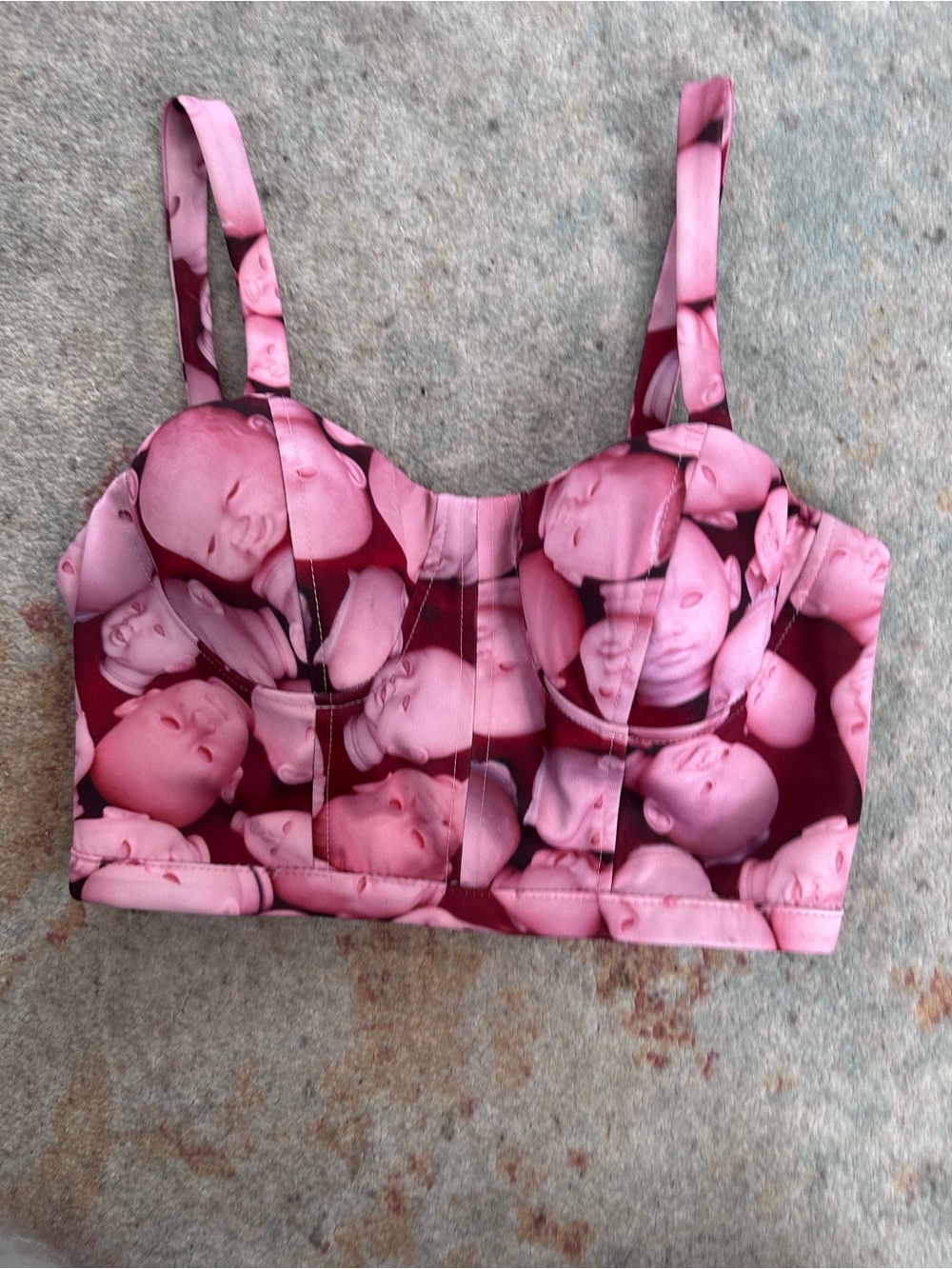 Y2K Pink Doll Head Print Bustier Crop Top